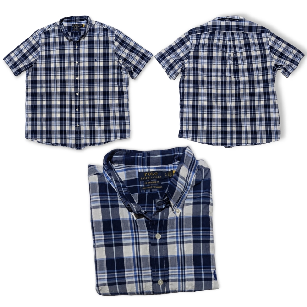 Polo Ralph Lauren Mens XL Blue Plaid No Tuck Short Sleeve Shirt EUC